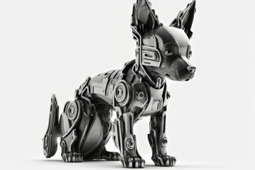 On a white background, a portrait of a dog like robot from the future. Generative AI