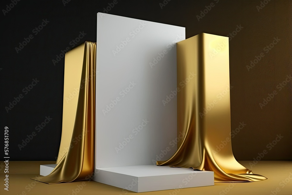 Sticker The concept of luxury is represented by a sheet of gold fabric or cloth put atop a blank podium shelf against a gold background. Display cases reminiscent of those in a museum. Generative AI