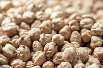 Dried raw chickpeas closeup. Organic food. Background of chickpeas. Legumes. Macro. Selective focus