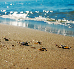 Dead crabs near the sea. Ecological catastrophy.