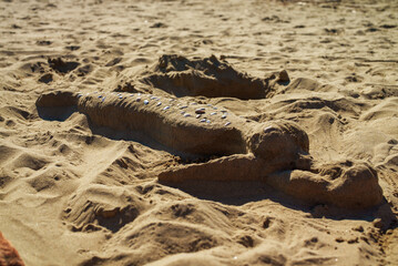 Mermaid made of sand and shells on the beach.