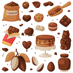 Chocolate products set. Tasty chocolate desserts, candies and pastries cartoon vector illustration