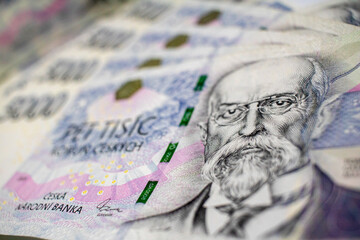 detail of czech banknotes in 5000 crown value with the portrait of a very first Czech president Tomas Gariggue Masaryk