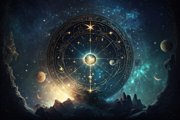 Zodiac symbols and sacred temple backdrop, astrology, alchemy, magic, sorcery and crystals enigmatic structure. - obrazy, fototapety, plakaty