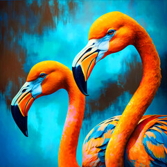 modern oil painting of lovely couple orange flamingos on blue background. artist collection of animal painting for decoration and interior - Generative AI