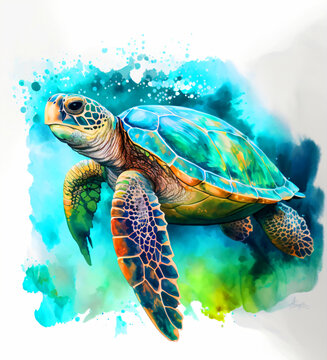 Big sea turtle watercolor painting - Generative AI