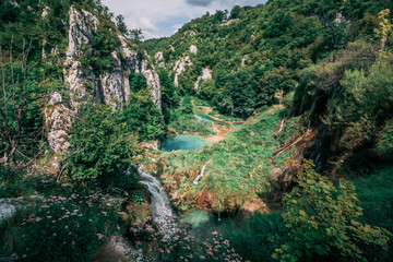 Fototapeta na wymiar View from a top of waterfall at plitvice lak national park in croatia