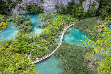 view on a path at plitvice lakes national park in croatia