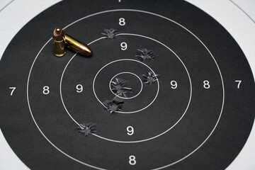 Target for shooting with bullet holes in the center and 9mm cartridges.