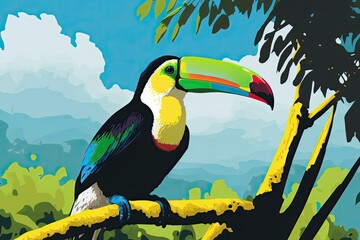 Obraz premium Large beaked bird Ramphastos sulfuratus (Keel billed Toucan) in its natural habitat with prey in the beak against a blue sky in Belize. Generative AI