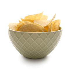 Bowl with delicious potato chips isolated on white background