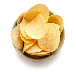 Bowl with delicious potato chips isolated on white background