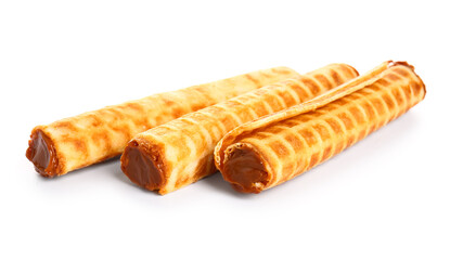 Delicious wafer rolls with boiled condensed milk isolated on white background