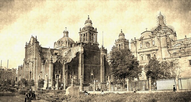 very old photograph of the Metropolitan Cathedral of the Assumption of the Most Blessed Virgin Mary into Heaven in Mexico City is located in the gigantic Constitution Square popularly nicknamed Zocalo