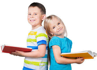 Cute boy and his little sister with books
