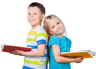 Cute boy and his little sister with books