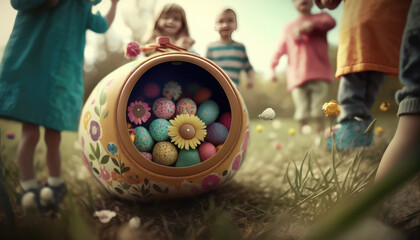 "Easter Egg Hunt Fun" - a joyful and playful wallpaper background featuring an image of an Easter egg hunt with a colorful and vibrant atmosphere, Generative AI