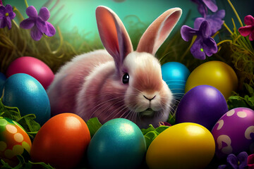 Happy Easter bunny with color eggs. Generative AI