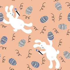Fototapeten Cartoon animals seamless Easter eggs and rabbit and paint bunnies pattern for wrapping paper and kids clothes print © Tetiana