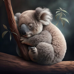 little koala sleeping on a eucalyptus branch - obrazy, fototapety, plakaty