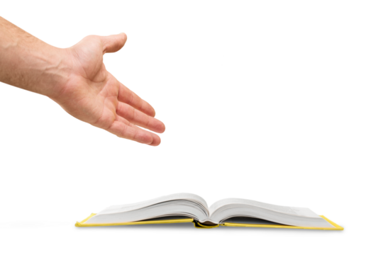 Hand pointing on    book isolated on white background