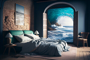 Seaside style bedroom with the sea in the background real estate
