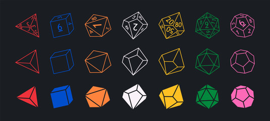 Set of dnd dice for rpg tabletop games. Collection of polyhedral dices with different sides and colors. D4, d6, d8, d10, d12, d20 and d100. Modern vector illustration - obrazy, fototapety, plakaty