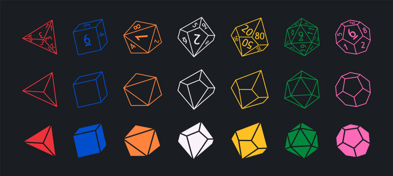 Set of dnd dice for rpg tabletop games. Collection of polyhedral dices with different sides and colors. D4, d6, d8, d10, d12, d20 and d100. Modern vector illustration