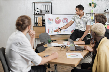 Group of four multi ethnic partners sitting at desk and listening speech of african american man near huge monitor with various graphs and charts. Business meeting at office.