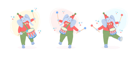 Cute three plush elephants in festive hats march at carnival in various poses and drum on drums. Set. Vector children's illustration of bright colors in retro style.