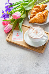 Happy mother's day, beautiful breakfast, lunch with cup of coffee (cappuccino) fresh croissants,...