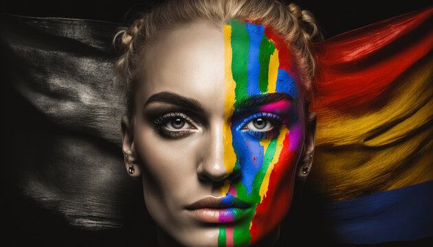 A person with the rainbow colors of the LGBT community flag painted on his face represents the concept of LGBTQ and self-expression. digital ai art.