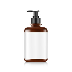 Realistic brown bottle with black dispenser mockup. Vector illustration isolated on white background. Perfect for the presentation of cream, tonic, soap disinfectant, etc. EPS10.