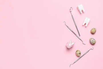 Dental tools with plastic teeth, Easter rabbit and eggs on pink background