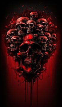 Pile of bloody skulls illustration. Generative AI.