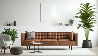 interior living room wall mockup with leather sofa made with generative AI