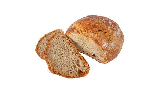 Brown sourdough bread loaf and slices isolated transparent png. Porous bread pulp and crispy crust.