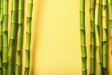 Fototapeta premium Green bamboo stalks on yellow textured background with copy space, natural plant border for wellness and spa concepts, texture