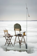 Fototapeta na wymiar illustration, winter fishing with a pair of chairs on the ice, ai generative