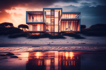 Prefab House at Beach on sunset. Suburban Townhouse near ocean. California beach home at sea. Coastal Modular luxury apartments, Modern beach home on sunset. Villa by sea, AI Generative Illustration.