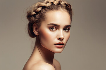 Portrait of young beautiful woman with braids. AI generated image.	