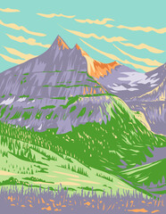 WPA poster art of Glacier National Park during spring located in northwestern Montana United States of America done in works project administration.