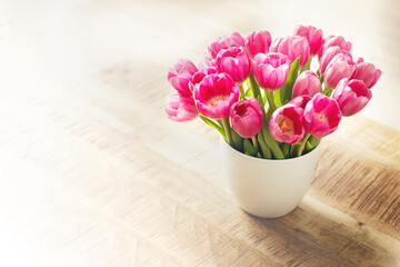 Bouquet of tulips on the table - Bright background