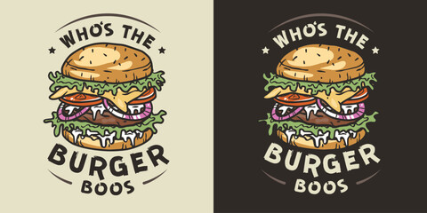 Retro burger with meat, cheese and vegetable for logo or emblem. American fast food or hamburger. USA food with bun, lettuce and cutlet for cafe or restaurant.