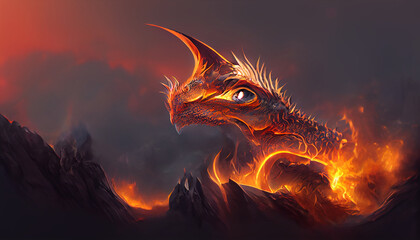 Giant red fire dragon Generative AI