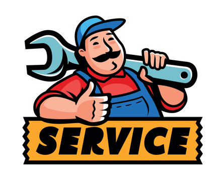 Worker with wrench tool. Engineer, technician, mechanic, builder logo. Workshop, service emblem. Vector illustration