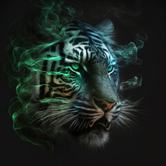 Kennels of muzzle of tiger with green eyes are dissolving in smoke on black. Fantastic unusual background, magical original amazing wallpaper