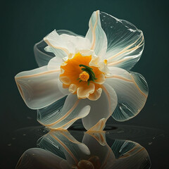 Narcissus daffodil isolated on black background close-up. Beautiful unusual transparent flower. Original flower background, wallpaper