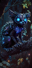 Fototapeta premium alien lemur climbing on tree branches of dark jungle