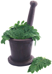 Edible moringa leaves in a vintage mortar